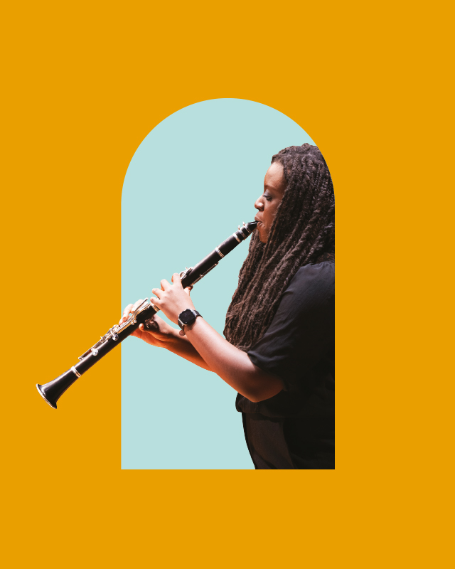 Black female student playing the clarinet to the side, with egg blue arch, with an orange background.